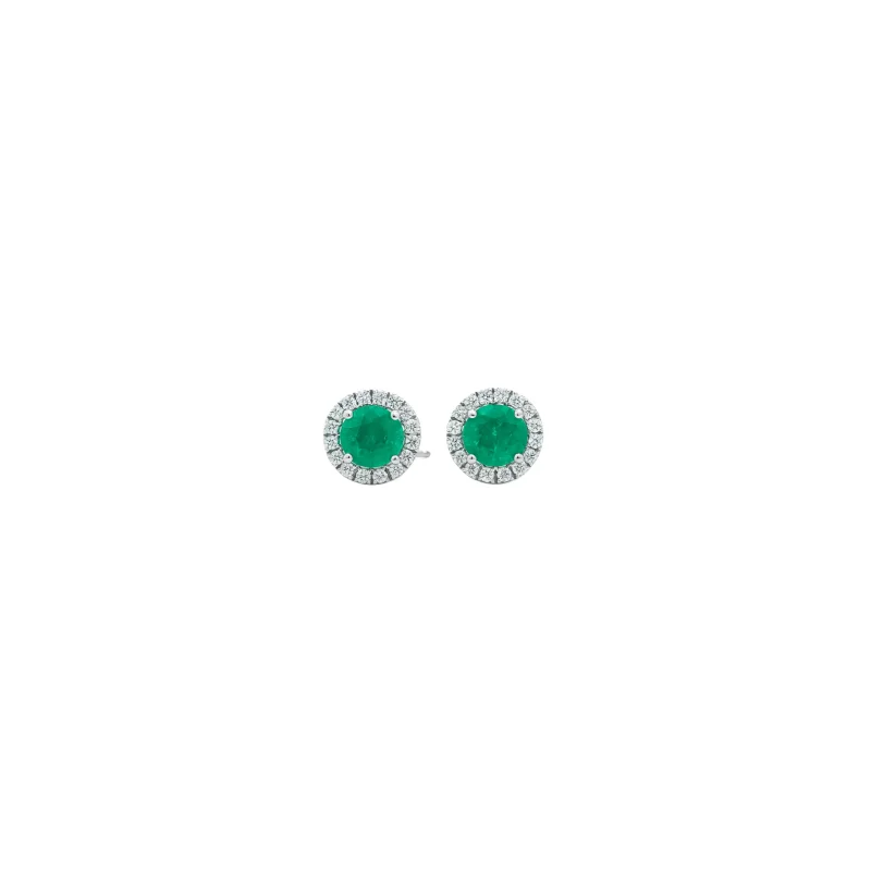 0.75ct Diamond Emerald 18K Gold Dainty Halo Stud Earrings