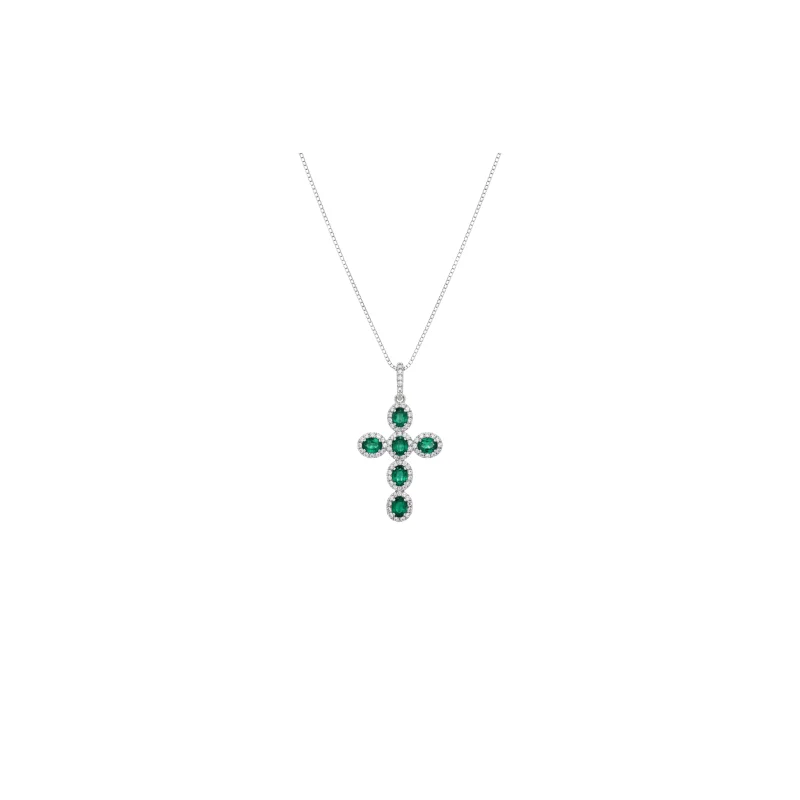 1.72ct Diamond Emerald 14K Gold Cross Pendant Chain Necklace