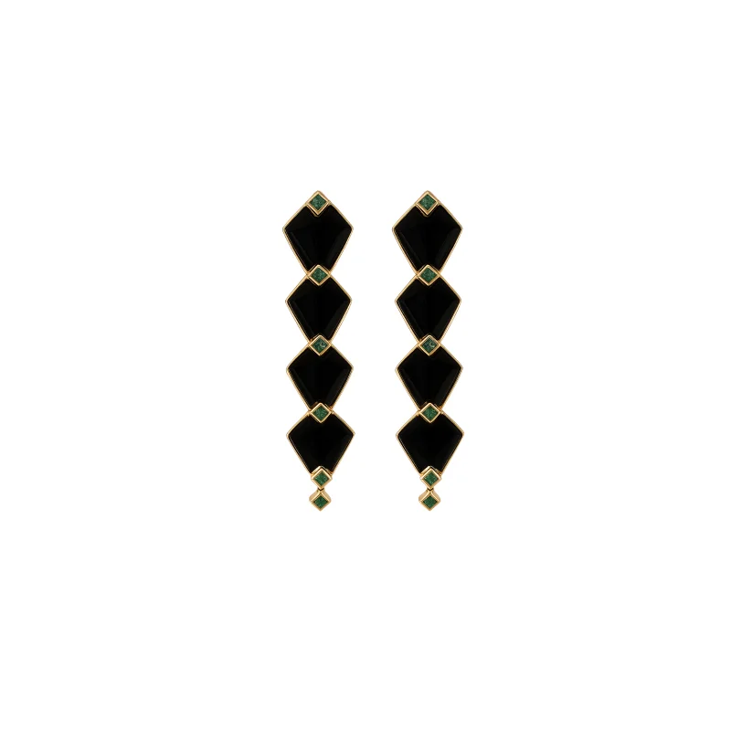 14.60ct Onyx Emerald 18K Gold Statement Cascade Earrings