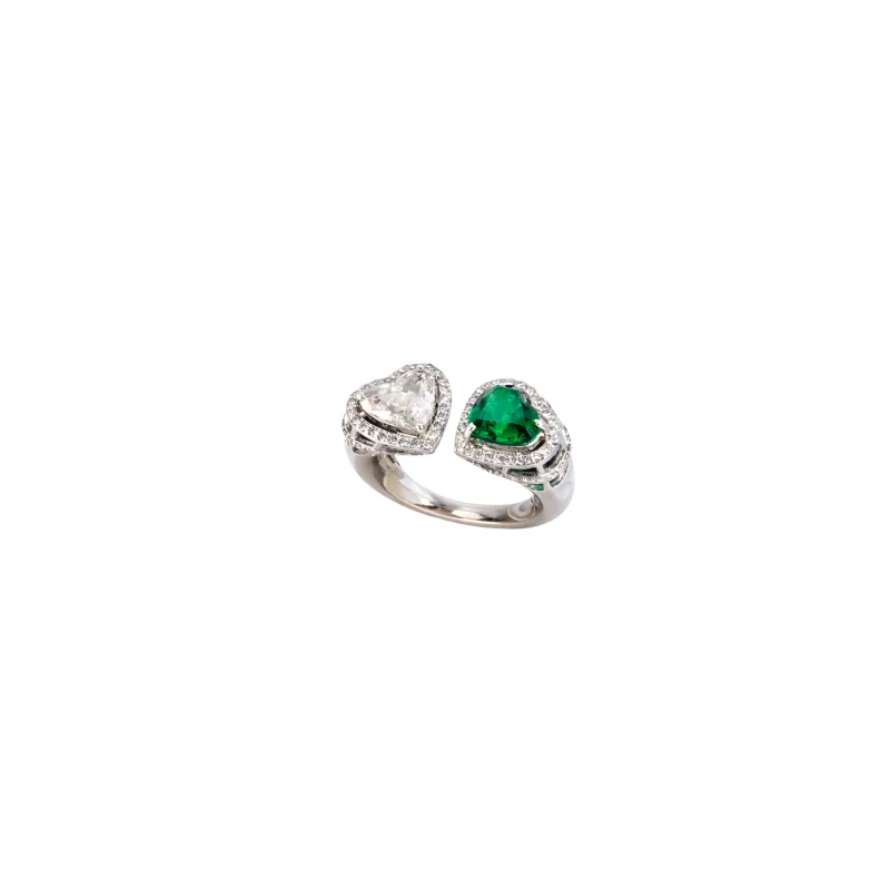 3.10ct Diamond Emerald 18K Gold Heart Bypass Ring