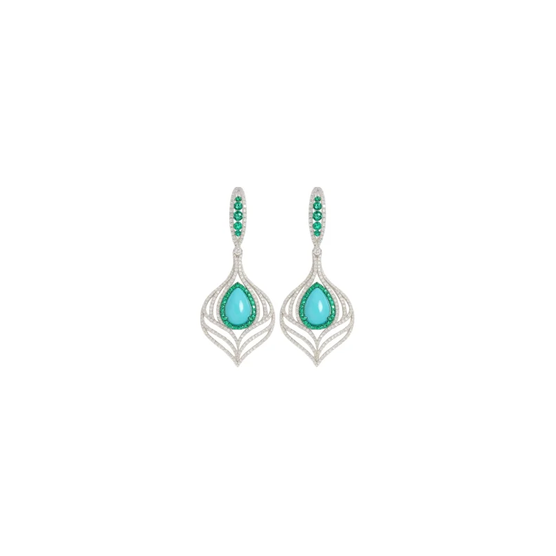 7.21ct Diamond Emerald Turquoise 18K Gold Statement Drop Earrings