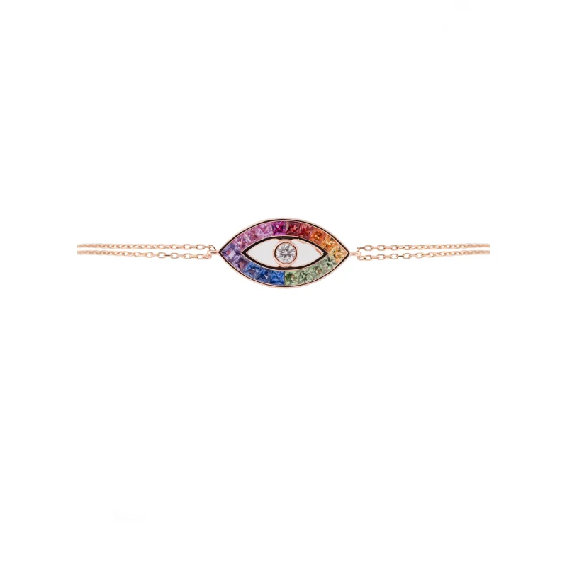 1.68ct Diamond Multi Color Sapphire 18K Gold Evil Eye Chain Bracelet
