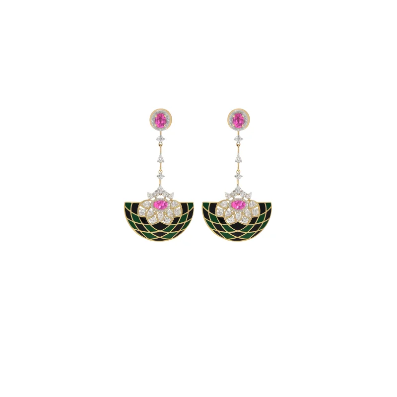 3.06ct Diamond 14K Gold Enamel Statement Dangle Drop Earring