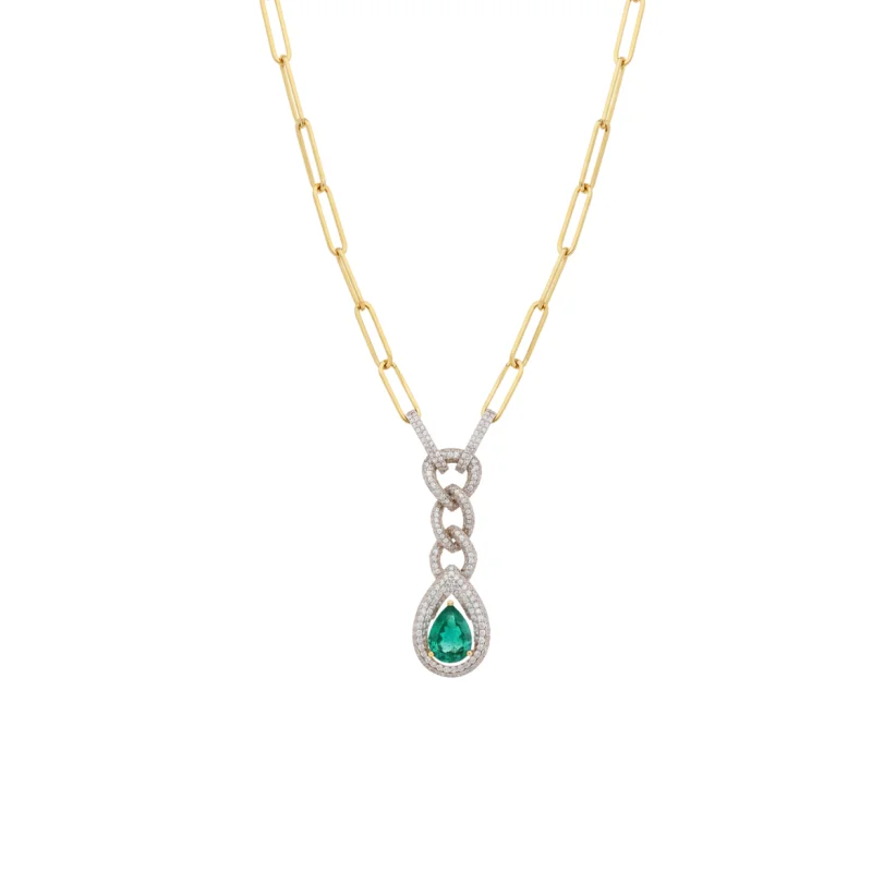 4.16ct Diamond Emerald 14K Gold Drop Chain Necklace