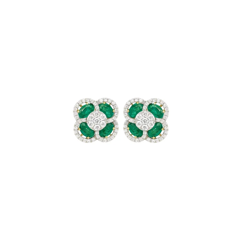 5.73ct Diamond Emerald 14K Gold Flower Cluster Earrings