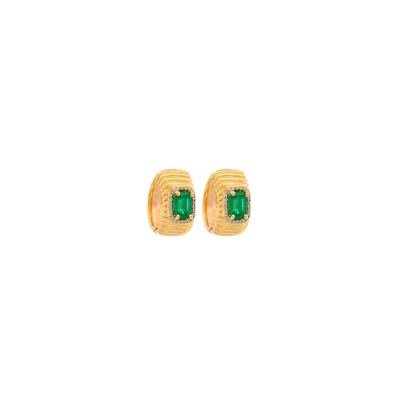 1.27ct Diamond Emerald 14K Gold Textured Hoop Earrings
