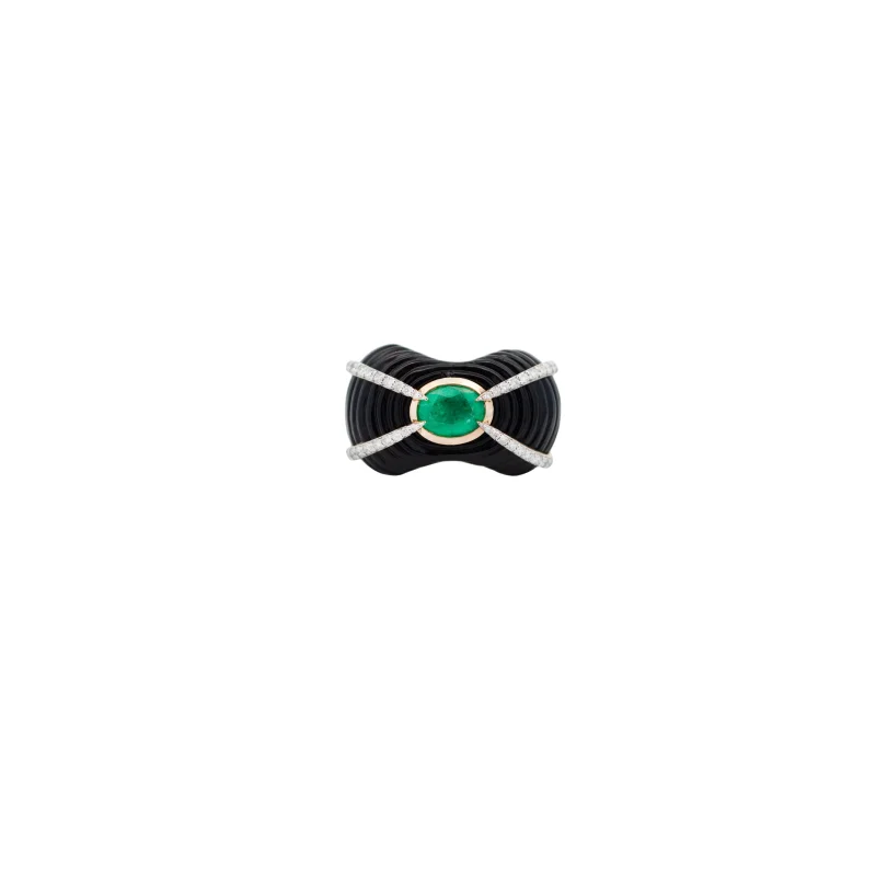 37.8ct Diamond Emerald Black Onyx 18K Gold Sculptural Ring