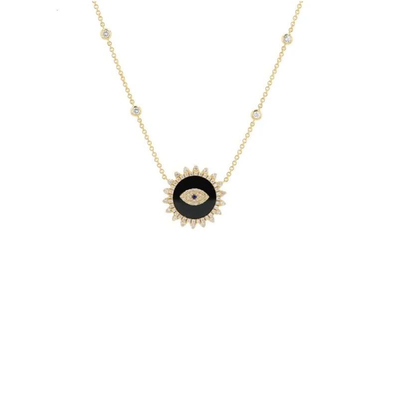 1.80ct Diamond Onyx 14K Gold Evil Eye Pendant Chain Necklace