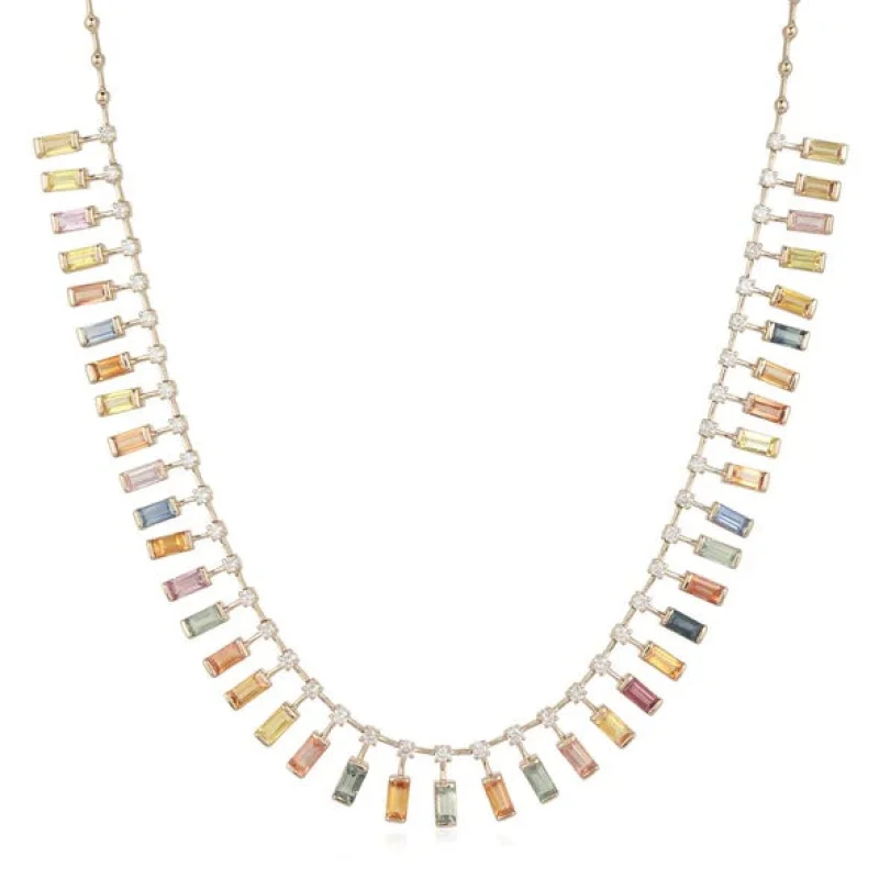 2.31ct Diamond Multi Color Sapphire 18K Gold Halfway Floating Baguette Necklace