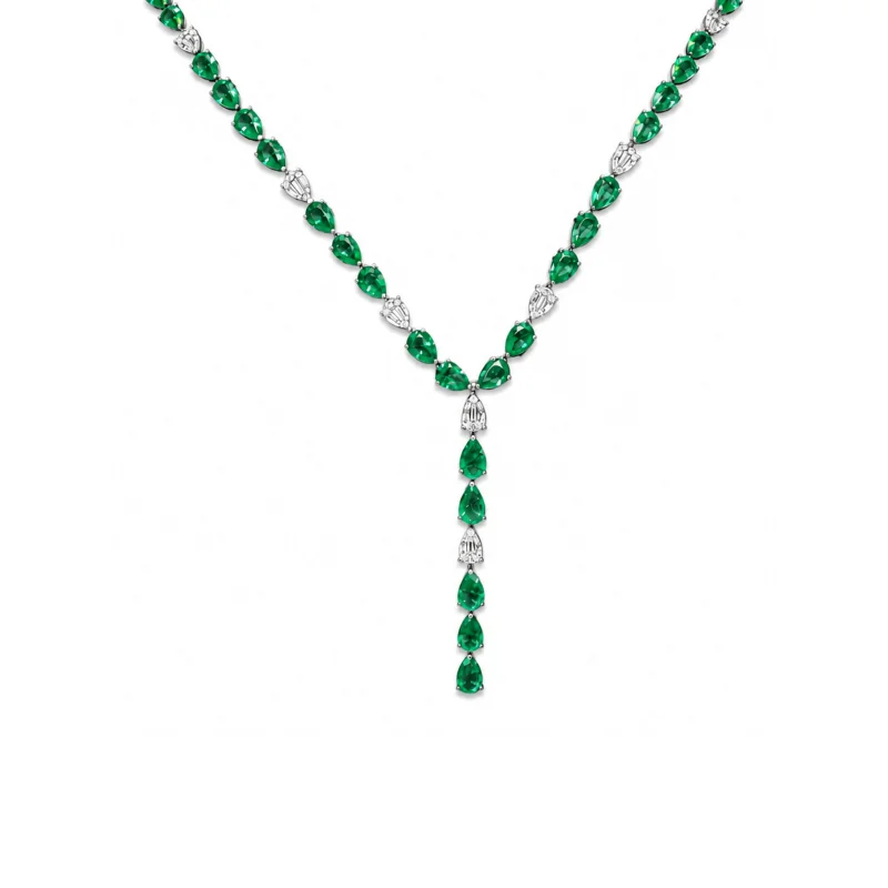 12.78ct Diamond Emerald 18K Gold Lariat Necklace