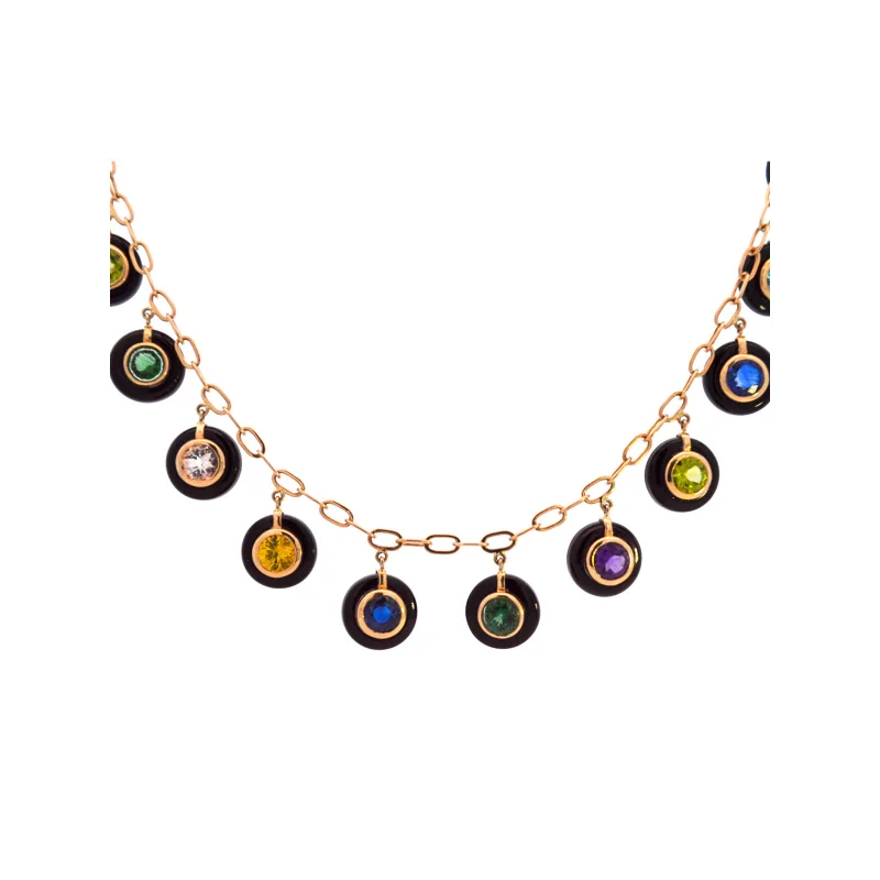 Multi Color Sapphire Onyx 14K Gold Station Drop Necklace