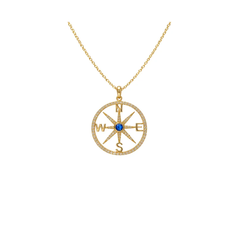 Sapphire Diamond 14K Gold Compass Pendant