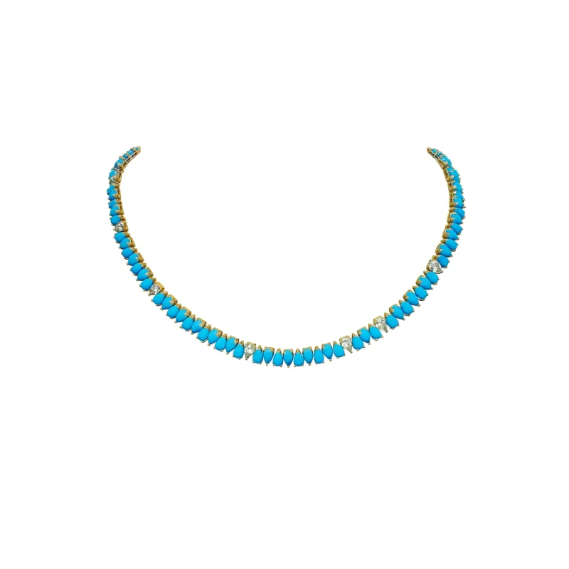 42.70ct White Sapphire Turquoise 18K Gold Pear Cut Tennis Necklace