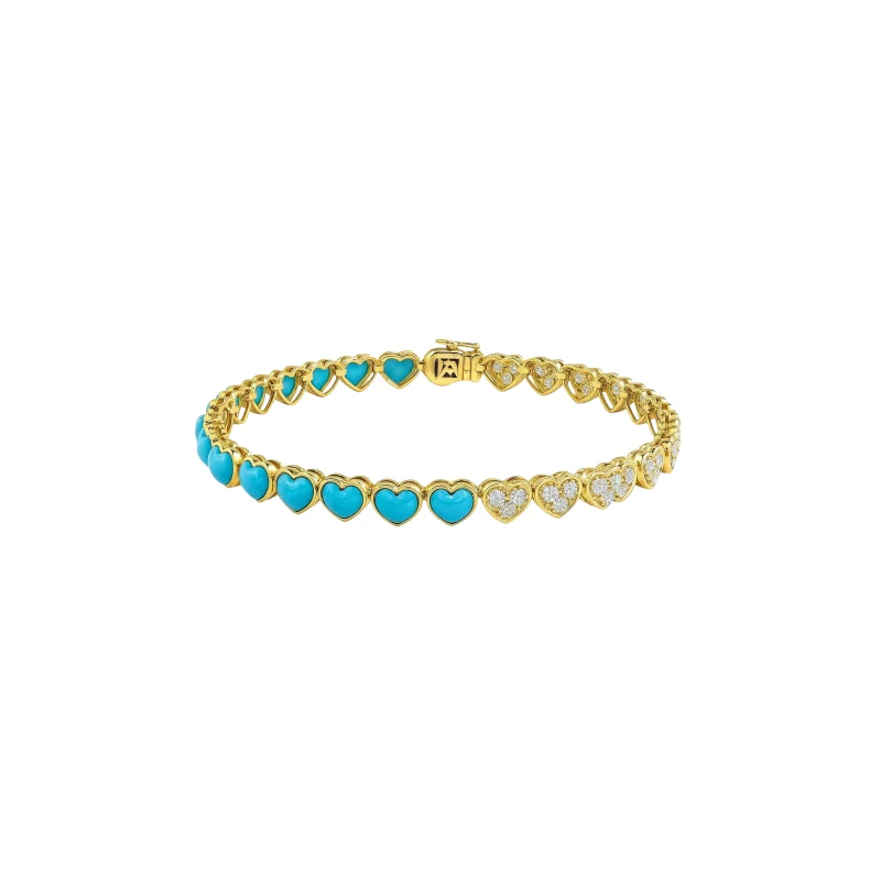 7.16ct Turquoise Diamond 14K Gold Heart Tennis Bracelet