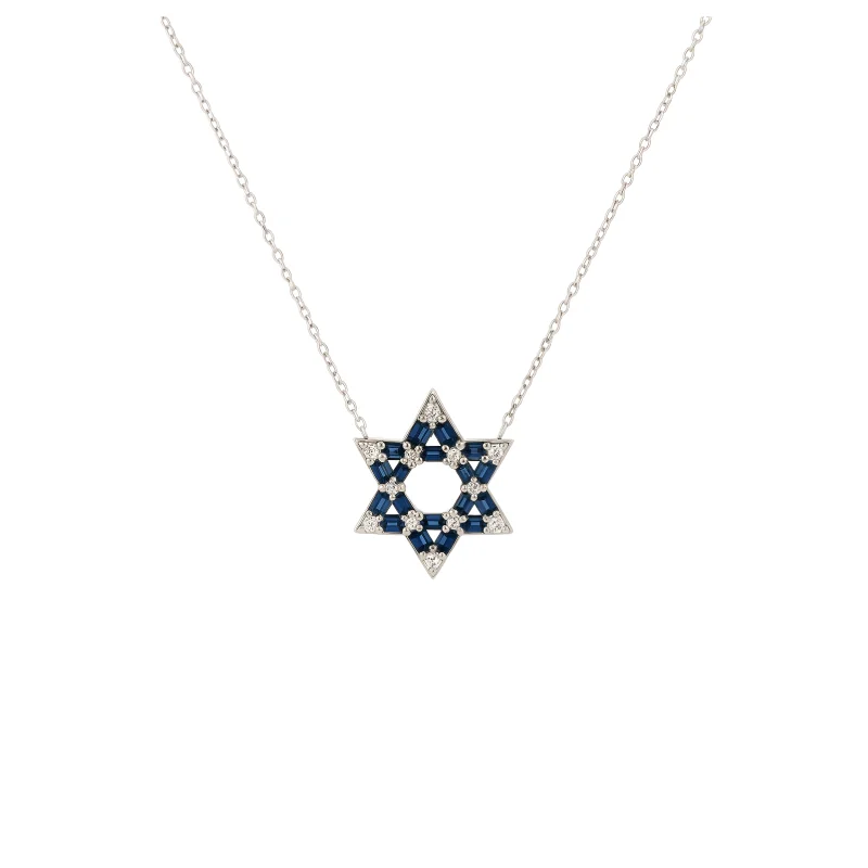 2.21ct Diamond Sapphire 14K Gold Star of David Necklace