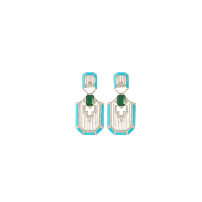 0.71ct Emerald Turquoise Diamond Mother of Pearl 18K Gold Statement Earrings