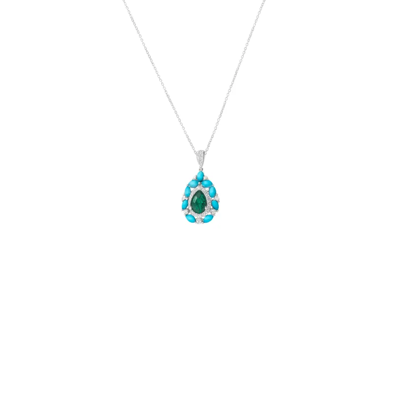 1.80ct Diamond Emerald Turquoise 18K Gold Pendant Chain Necklace