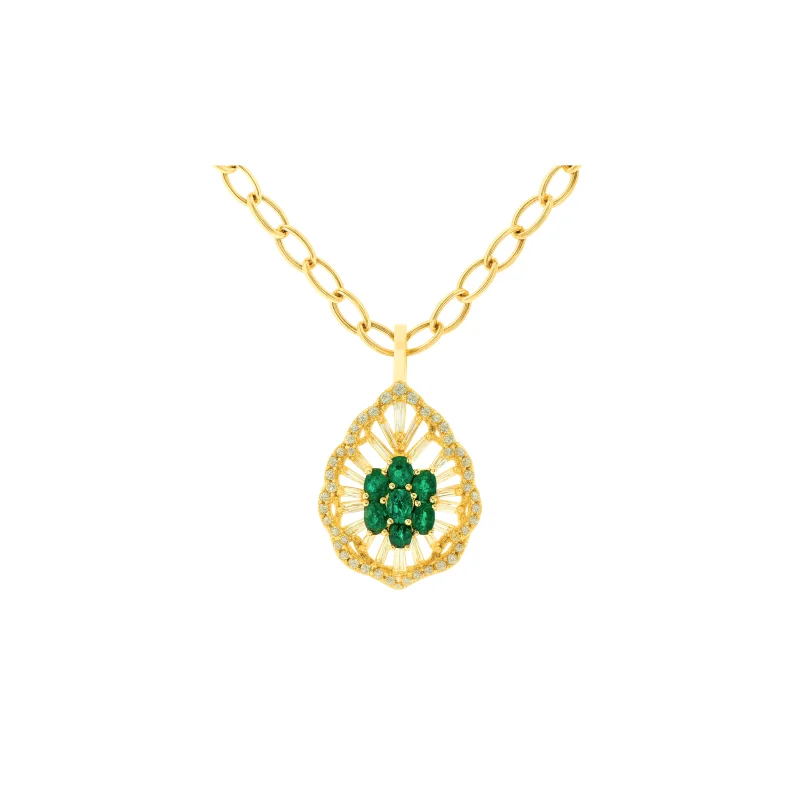 2.00ct Diamond Emerald 18K Gold Pendant Chain Necklace