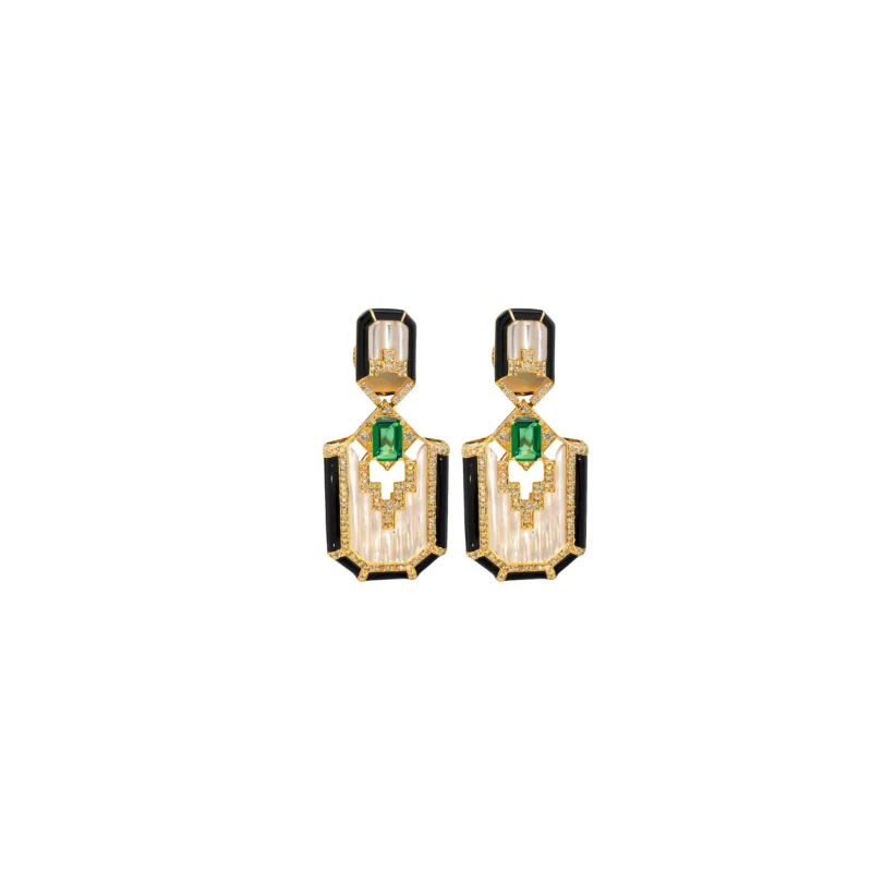 0.71ct Emerald Diamond Black Onyx 18K Gold Statement Earrings