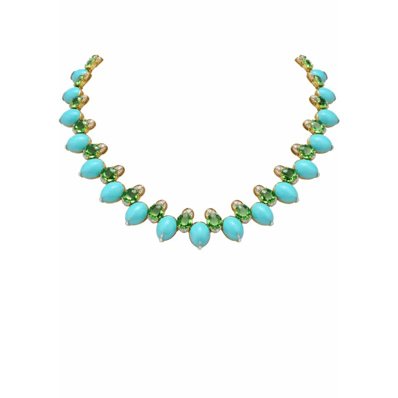 184.90ct Turquoise Emerald Diamond 18K Gold Statement Necklace