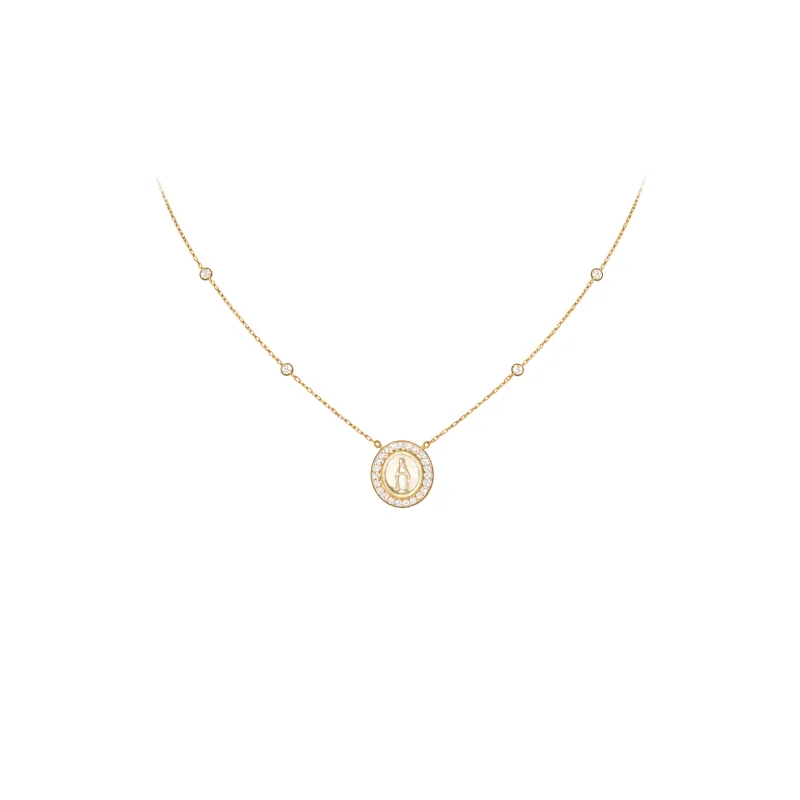 0.24ct Diamond 14K Gold Miraculous Medal Stationed Chain Necklace