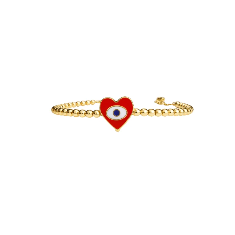 14K Red Heart Evil Eye Half Bangle Bracelet