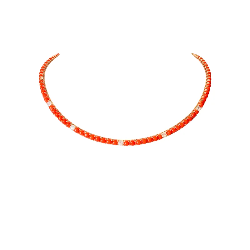 16.95ct Red Coral Diamond 18K Gold Tennis Necklace