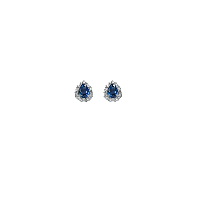 1.04ct Diamond Blue Sapphire 18K Gold Sunburst Pear Stud Earrings