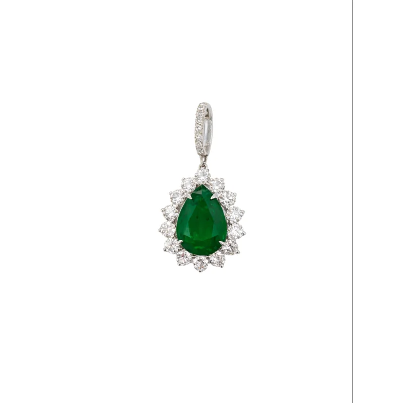10.66ct Emerald Diamond 18K Gold Pear Halo Pendant