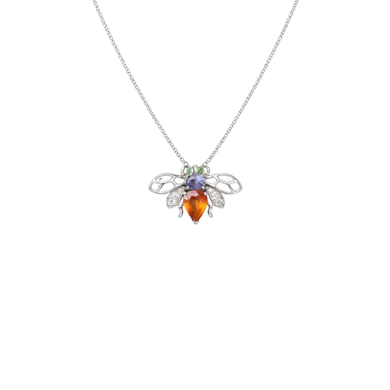 1.44ct Diamond Emerald Tanzanite Sapphire 18K Gold Bee Pendant Necklace