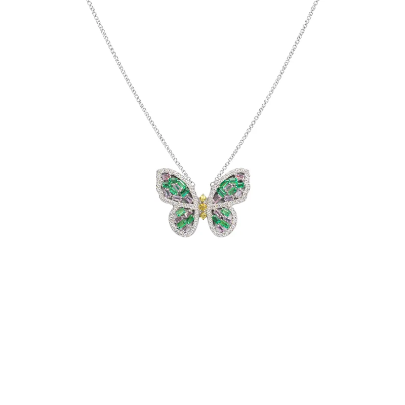 1.62ct Multi Sapphire Diamond 18K Gold Butterfly Necklace
