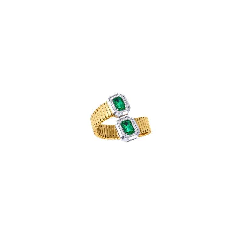 1.43ct Diamond Emerald 14K Italian Gold Bypass Ring