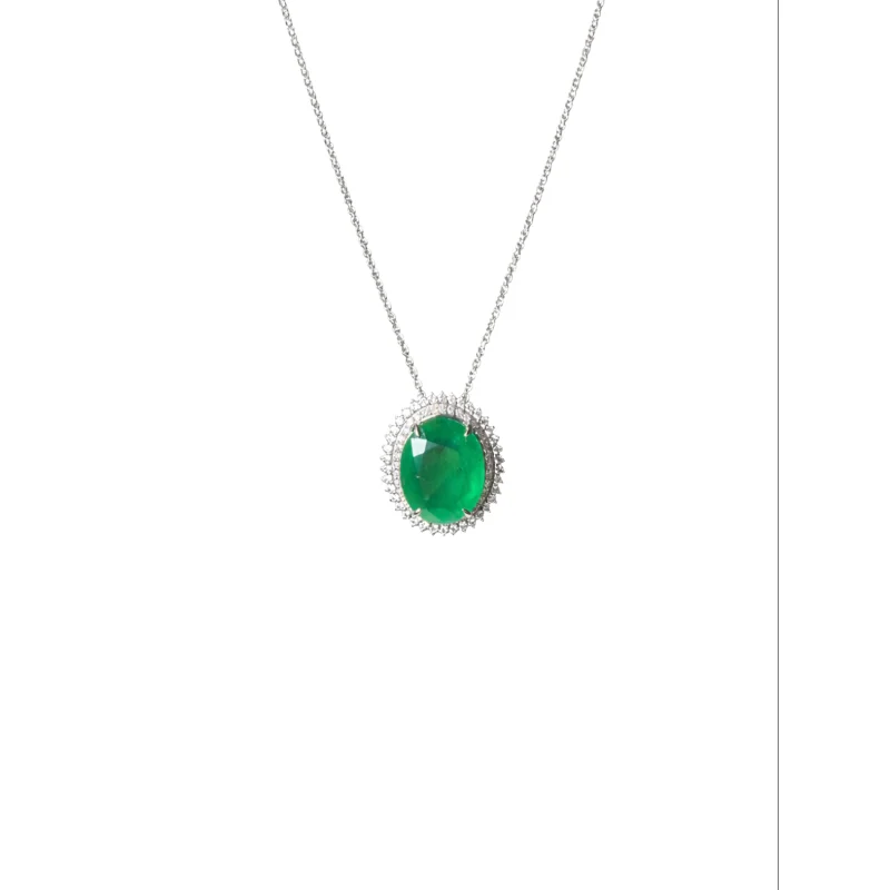 12.55ct Emerald Diamond 18K Gold Halo Necklace