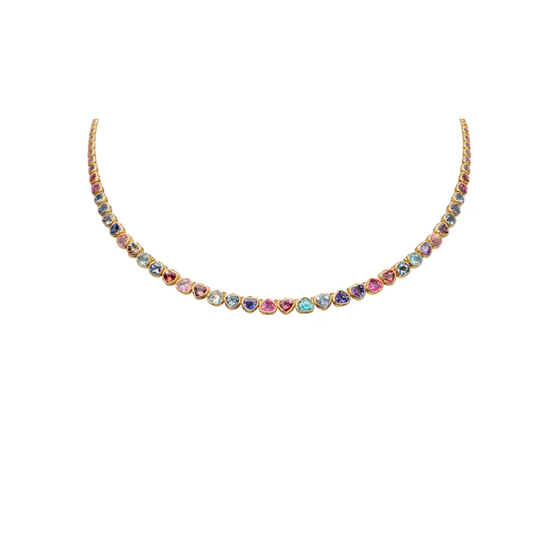 23.81ct Multi Sapphire 14K Gold Bezel Heart Tennis Necklace