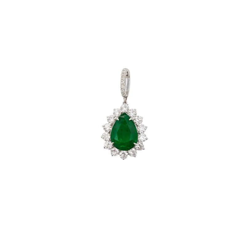 11.11ct Emerald Diamond 18K Gold Pear Halo Pendant