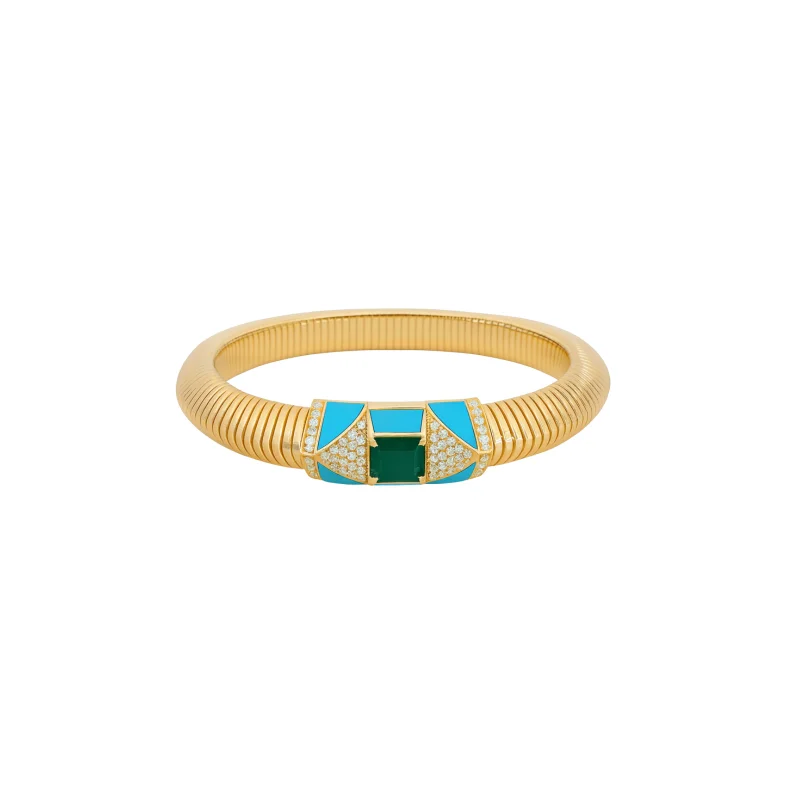 Diamond Emerald 18K Italian Gold Bangle Bracelet