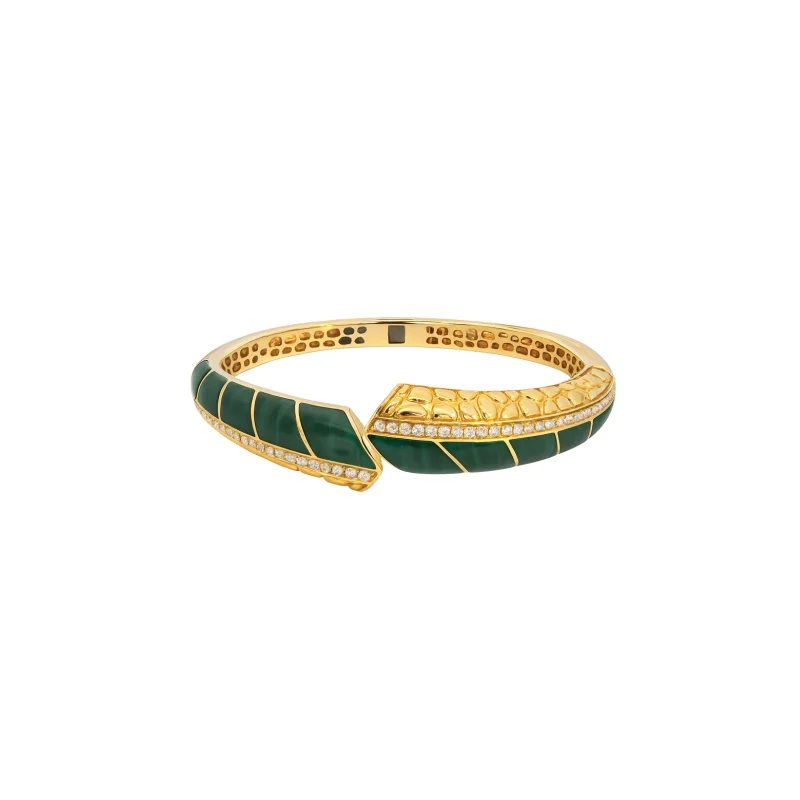 Diamond Malachite 18K Gold Cuff Bangle Bracelet
