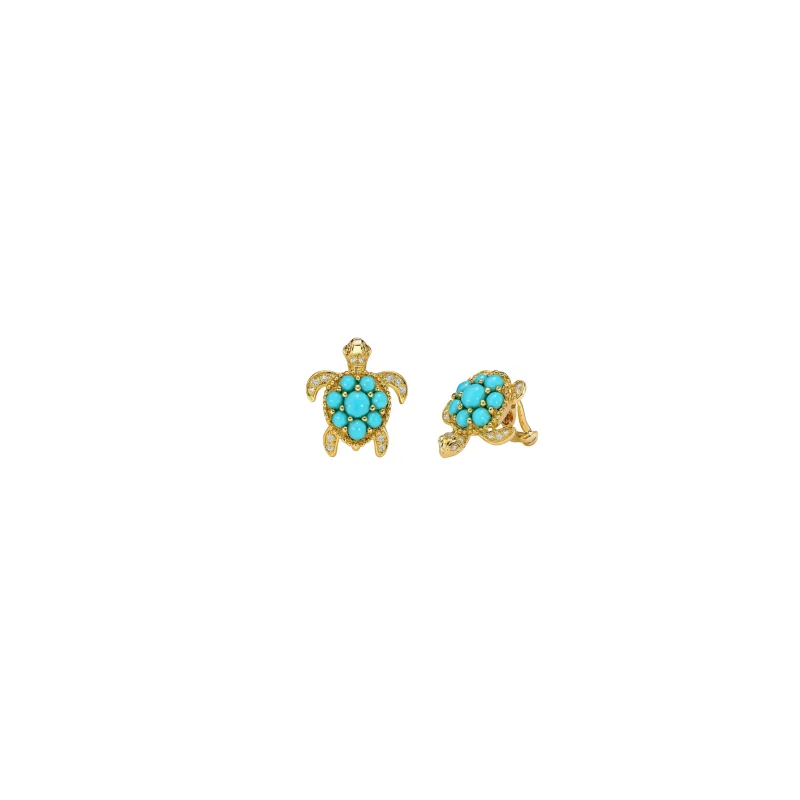 0.77ct Diamond Turquoise 14K Gold Cluster Turtle Earrings