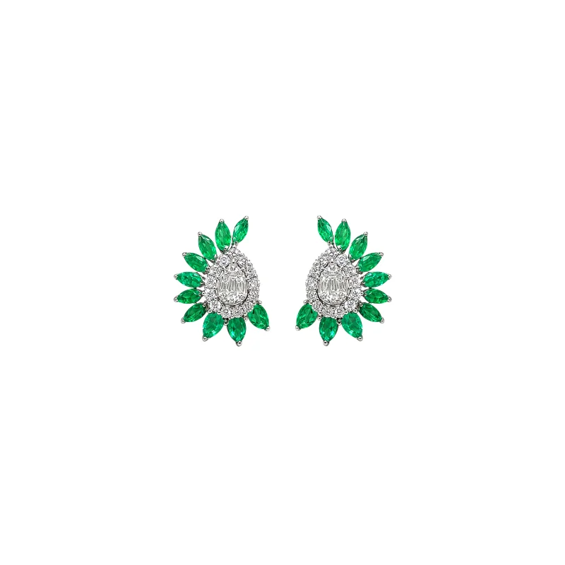 1.10ct Diamond Emerald 18K Gold Cluster Earrings
