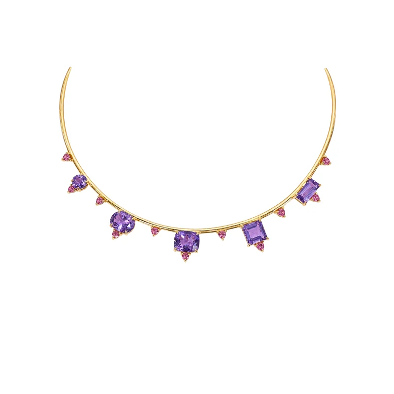 11.66ct Amethyst Tourmaline 18K Gold Choker Collar Necklace
