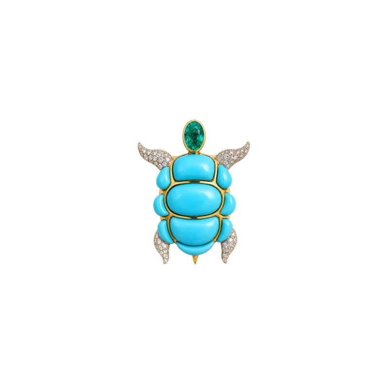 7.41ct Turquoise Emerald Diamond 18K Gold Turtle Pendant