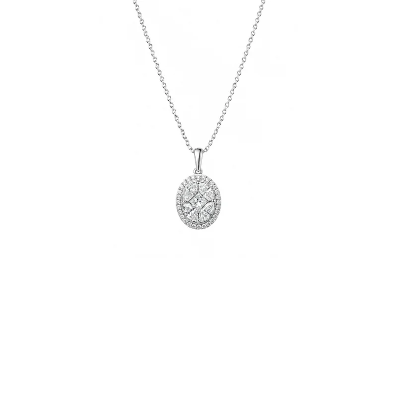 0.70ct Diamond 18K Gold Halo Illusion Solitaire Necklace