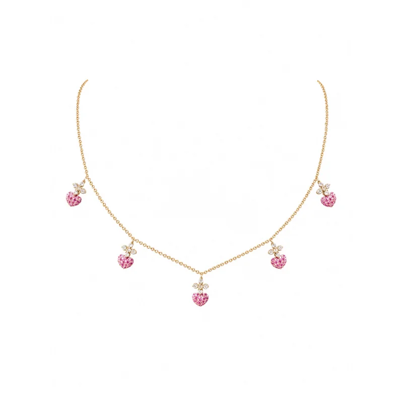 0.90ct Diamond Ruby 18K Gold Sacred Hearts Stationed Necklace