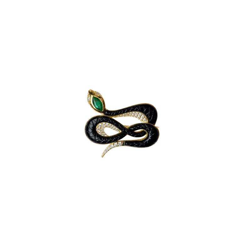 10.03ct Diamond Emerald Onyx 18K Gold Snake Brooch