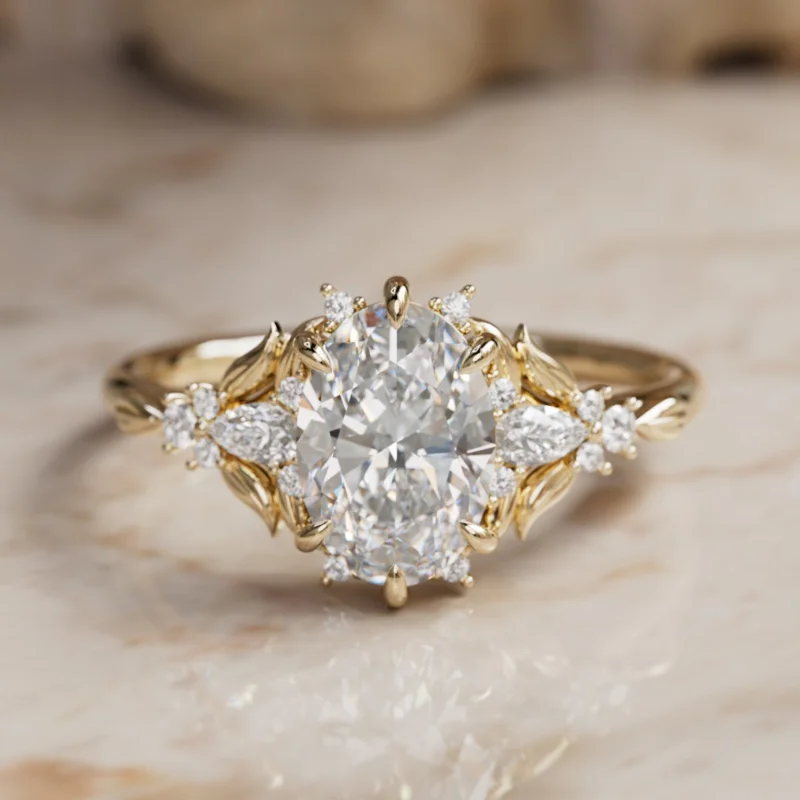 Siriwen Oval Lab Diamond Fantasy Engagement Ring Nature Inspired with Leaves (Setting Only)