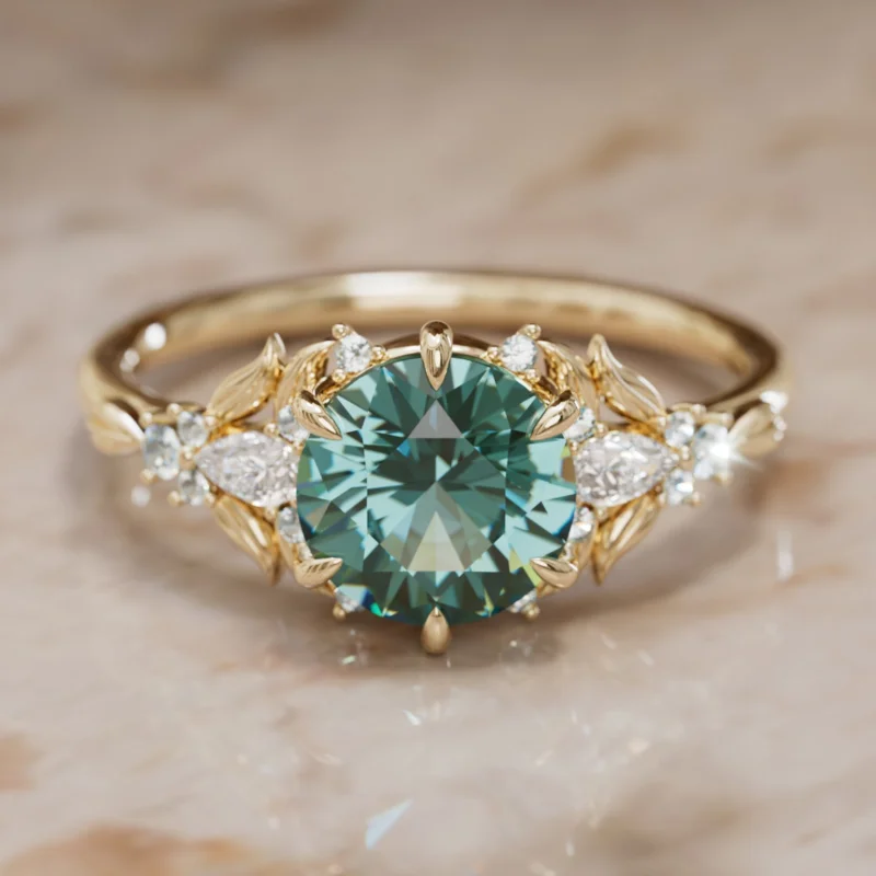 Teal Sapphire Engagement Ring: Siriwen Round Cut Sapphire Flower Ring Nature Inspired (Setting Only)