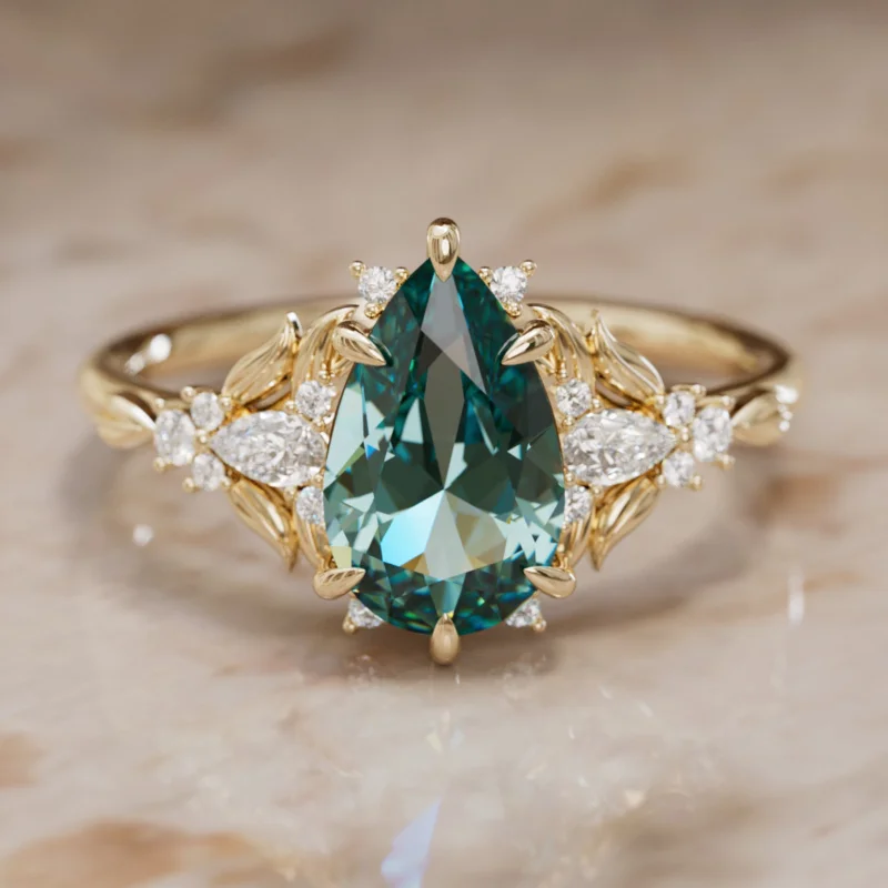 Teal Sapphire Engagement Ring: Siriwen Pear Cut Sapphire Flower Ring Nature Inspired (Setting Only)