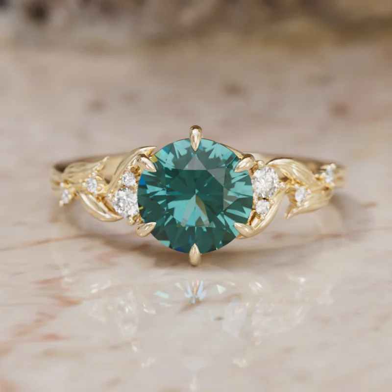 Teal Sapphire Engagement Ring: Celria Round Cut Flower Ring Nature Inspired (Setting Only)