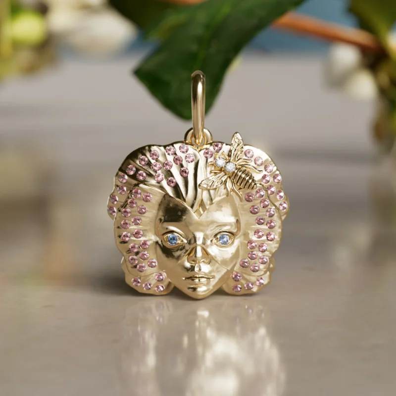 Flower Girl Art Nouveau Unique Nature Charm Gold Pendant in Pink Tourmaline and Blue Sapphire