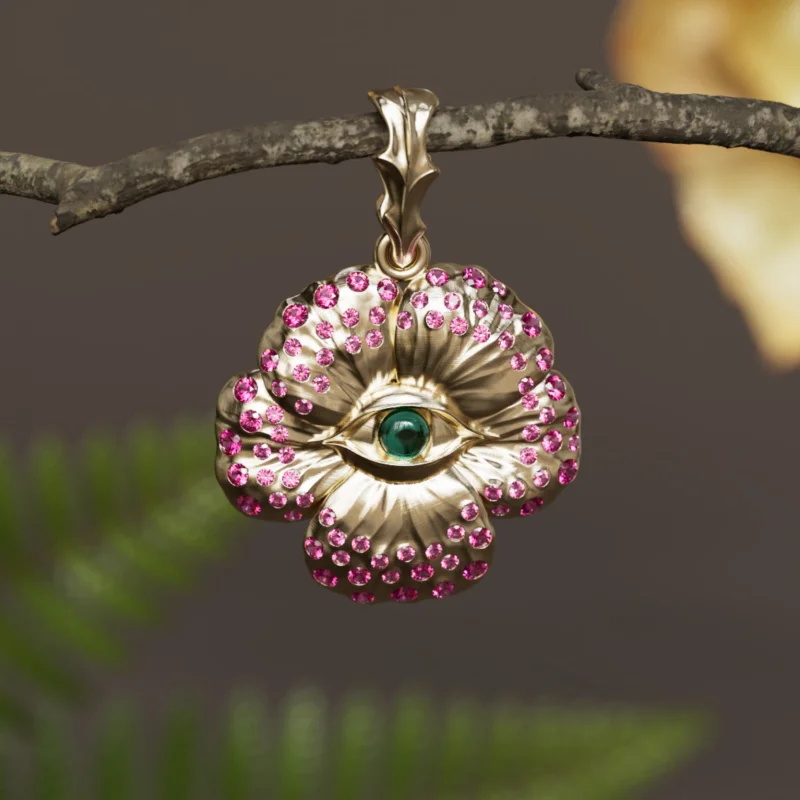 Looking Glass Flower Pendant Unique Nature Necklace with Pink Sapphires and Emeralds